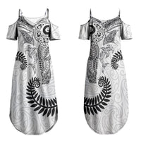 Aotearoa Maori Sea Animals Tribal Couples Matching Summer Maxi Dress and Long Sleeve Button Shirt Manta Ray and Shark Moko Pattern White Color LT03 - Polynesian Pride