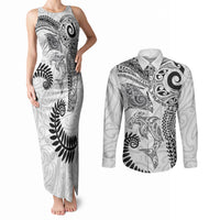 Aotearoa Maori Sea Animals Tribal Couples Matching Tank Maxi Dress and Long Sleeve Button Shirt Manta Ray and Shark Moko Pattern White Color LT03 White - Polynesian Pride