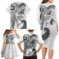 Aotearoa Maori Sea Animals Tribal Family Matching Long Sleeve Bodycon Dress and Hawaiian Shirt Manta Ray and Shark Moko Pattern White Color LT03 - Polynesian Pride