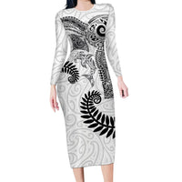 Aotearoa Maori Sea Animals Tribal Family Matching Long Sleeve Bodycon Dress and Hawaiian Shirt Manta Ray and Shark Moko Pattern White Color LT03 Mom's Dress White - Polynesian Pride