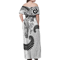 Aotearoa Maori Sea Animals Tribal Family Matching Off Shoulder Maxi Dress and Hawaiian Shirt Manta Ray and Shark Moko Pattern White Color LT03 - Polynesian Pride