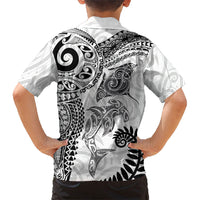 Aotearoa Maori Sea Animals Tribal Family Matching Off Shoulder Short Dress and Hawaiian Shirt Manta Ray and Shark Moko Pattern White Color LT03 - Polynesian Pride