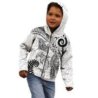 Aotearoa Maori Sea Animals Tribal Kid Hoodie Manta Ray and Shark Moko Pattern White Color