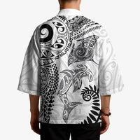 Aotearoa Maori Sea Animals Tribal Kimono Manta Ray and Shark Moko Pattern White Color