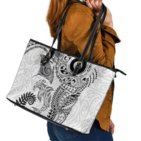 Aotearoa Maori Sea Animals Tribal Leather Tote Bag Manta Ray and Shark Moko Pattern White Color