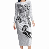 Aotearoa Maori Sea Animals Tribal Long Sleeve Bodycon Dress Manta Ray and Shark Moko Pattern White Color LT03 Long Dress White - Polynesian Pride