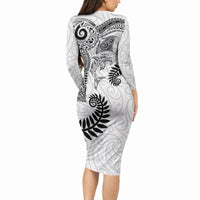 Aotearoa Maori Sea Animals Tribal Long Sleeve Bodycon Dress Manta Ray and Shark Moko Pattern White Color LT03 - Polynesian Pride