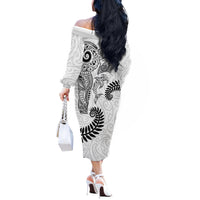 Aotearoa Maori Sea Animals Tribal Off The Shoulder Long Sleeve Dress Manta Ray and Shark Moko Pattern White Color LT03 - Polynesian Pride