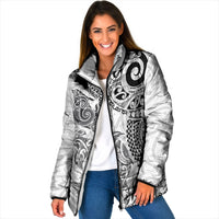 Aotearoa Maori Sea Animals Tribal Padded Jacket Manta Ray and Shark Moko Pattern White Color