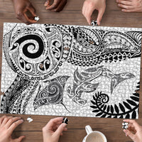 Aotearoa Maori Sea Animals Tribal Puzzle Manta Ray and Shark Moko Pattern White Color