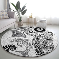 Aotearoa Maori Sea Animals Tribal Round Carpet Manta Ray and Shark Moko Pattern White Color