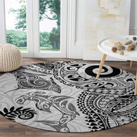 Aotearoa Maori Sea Animals Tribal Round Carpet Manta Ray and Shark Moko Pattern White Color