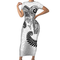 Aotearoa Maori Sea Animals Tribal Short Sleeve Bodycon Dress Manta Ray and Shark Moko Pattern White Color LT03 Long Dress White - Polynesian Pride