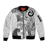 Aotearoa Maori Sea Animals Tribal Sleeve Zip Bomber Jacket Manta Ray and Shark Moko Pattern White Color