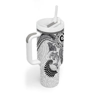 Aotearoa Maori Sea Animals Tribal Tumbler With Handle Manta Ray and Shark Moko Pattern White Color