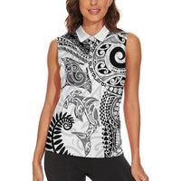 Aotearoa Maori Sea Animals Tribal Women Sleeveless Polo Shirt Manta Ray and Shark Moko Pattern White Color LT03 - Polynesian Pride