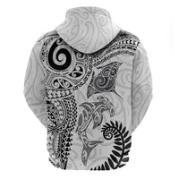 Aotearoa Maori Sea Animals Tribal Zip Hoodie Manta Ray and Shark Moko Pattern White Color