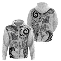 Aotearoa Maori Sea Animals Tribal Zip Hoodie Manta Ray and Shark Moko Pattern White Color