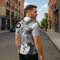Aotearoa Maori Sea Animals Tribal Zipper Polo Shirt Manta Ray and Shark Moko Pattern White Color