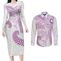 Aotearoa Maori Sea Animals Tribal Couples Matching Long Sleeve Bodycon Dress and Long Sleeve Button Shirt Manta Ray and Shark Moko Pattern Pink Color LT03 Pink - Polynesian Pride