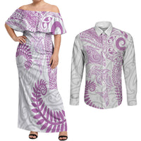 Aotearoa Maori Sea Animals Tribal Couples Matching Off Shoulder Maxi Dress and Long Sleeve Button Shirt Manta Ray and Shark Moko Pattern Pink Color LT03 Pink - Polynesian Pride