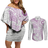 Aotearoa Maori Sea Animals Tribal Couples Matching Off Shoulder Short Dress and Long Sleeve Button Shirt Manta Ray and Shark Moko Pattern Pink Color LT03 Pink - Polynesian Pride