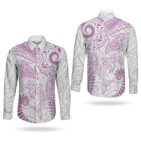 Aotearoa Maori Sea Animals Tribal Couples Matching Off Shoulder Short Dress and Long Sleeve Button Shirt Manta Ray and Shark Moko Pattern Pink Color LT03 - Polynesian Pride