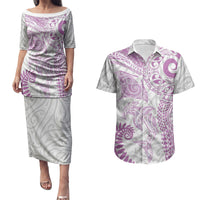 Aotearoa Maori Sea Animals Tribal Couples Matching Puletasi and Hawaiian Shirt Manta Ray and Shark Moko Pattern Pink Color LT03 Pink - Polynesian Pride
