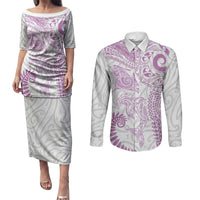 Aotearoa Maori Sea Animals Tribal Couples Matching Puletasi and Long Sleeve Button Shirt Manta Ray and Shark Moko Pattern Pink Color LT03 Pink - Polynesian Pride