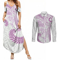 Aotearoa Maori Sea Animals Tribal Couples Matching Summer Maxi Dress and Long Sleeve Button Shirt Manta Ray and Shark Moko Pattern Pink Color LT03 Pink - Polynesian Pride