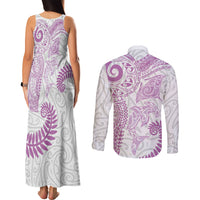 Aotearoa Maori Sea Animals Tribal Couples Matching Tank Maxi Dress and Long Sleeve Button Shirt Manta Ray and Shark Moko Pattern Pink Color LT03 - Polynesian Pride