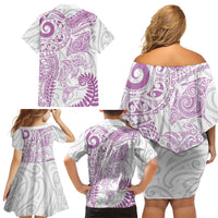 Aotearoa Maori Sea Animals Tribal Family Matching Off Shoulder Short Dress and Hawaiian Shirt Manta Ray and Shark Moko Pattern Pink Color LT03 - Polynesian Pride