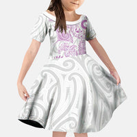 Aotearoa Maori Sea Animals Tribal Family Matching Short Sleeve Bodycon Dress and Hawaiian Shirt Manta Ray and Shark Moko Pattern Pink Color LT03 Daughter's Dress Pink - Polynesian Pride