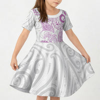 Aotearoa Maori Sea Animals Tribal Kid Short Sleeve Dress Manta Ray and Shark Moko Pattern Pink Color LT03 KID Pink - Polynesian Pride