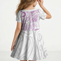 Aotearoa Maori Sea Animals Tribal Kid Short Sleeve Dress Manta Ray and Shark Moko Pattern Pink Color LT03 - Polynesian Pride