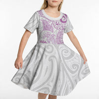 Aotearoa Maori Sea Animals Tribal Kid Short Sleeve Dress Manta Ray and Shark Moko Pattern Pink Color LT03 - Polynesian Pride