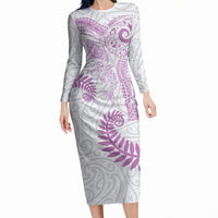 Aotearoa Maori Sea Animals Tribal Long Sleeve Bodycon Dress Manta Ray and Shark Moko Pattern Pink Color LT03 Long Dress Pink - Polynesian Pride