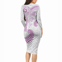 Aotearoa Maori Sea Animals Tribal Long Sleeve Bodycon Dress Manta Ray and Shark Moko Pattern Pink Color LT03 - Polynesian Pride