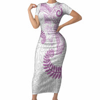 Aotearoa Maori Sea Animals Tribal Short Sleeve Bodycon Dress Manta Ray and Shark Moko Pattern Pink Color LT03 Long Dress Pink - Polynesian Pride