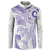 Aotearoa Maori Sea Animals Tribal Button Sweatshirt Manta Ray and Shark Moko Pattern Purple Color