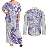Aotearoa Maori Sea Animals Tribal Couples Matching Off Shoulder Maxi Dress and Long Sleeve Button Shirt Manta Ray and Shark Moko Pattern Purple Color LT03 Purple - Polynesian Pride