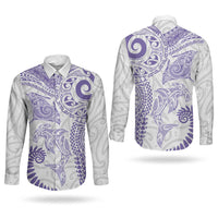 Aotearoa Maori Sea Animals Tribal Couples Matching Off Shoulder Maxi Dress and Long Sleeve Button Shirt Manta Ray and Shark Moko Pattern Purple Color LT03 - Polynesian Pride