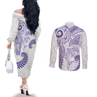 Aotearoa Maori Sea Animals Tribal Couples Matching Off The Shoulder Long Sleeve Dress and Long Sleeve Button Shirt Manta Ray and Shark Moko Pattern Purple Color LT03 - Polynesian Pride