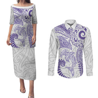 Aotearoa Maori Sea Animals Tribal Couples Matching Puletasi and Long Sleeve Button Shirt Manta Ray and Shark Moko Pattern Purple Color LT03 Purple - Polynesian Pride