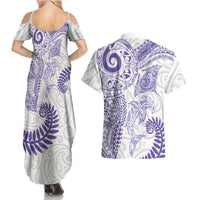 Aotearoa Maori Sea Animals Tribal Couples Matching Summer Maxi Dress and Hawaiian Shirt Manta Ray and Shark Moko Pattern Purple Color LT03 - Polynesian Pride