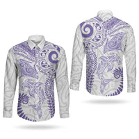 Aotearoa Maori Sea Animals Tribal Couples Matching Summer Maxi Dress and Long Sleeve Button Shirt Manta Ray and Shark Moko Pattern Purple Color LT03 - Polynesian Pride