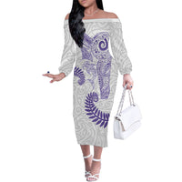 Aotearoa Maori Sea Animals Tribal Family Matching Off The Shoulder Long Sleeve Dress and Hawaiian Shirt Manta Ray and Shark Moko Pattern Purple Color LT03 Mom's Dress Purple - Polynesian Pride
