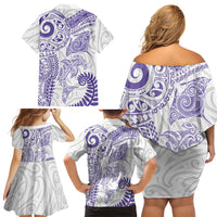 Aotearoa Maori Sea Animals Tribal Family Matching Off Shoulder Short Dress and Hawaiian Shirt Manta Ray and Shark Moko Pattern Purple Color LT03 - Polynesian Pride