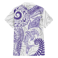 Aotearoa Maori Sea Animals Tribal Family Matching Off Shoulder Short Dress and Hawaiian Shirt Manta Ray and Shark Moko Pattern Purple Color LT03 - Polynesian Pride