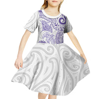 Aotearoa Maori Sea Animals Tribal Kid Short Sleeve Dress Manta Ray and Shark Moko Pattern Purple Color LT03 - Polynesian Pride